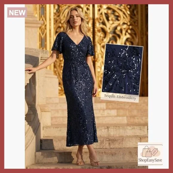 V-Neck Sequin Tulle Maxi Formal Evening Gown Mermaid Silhouette Elegant